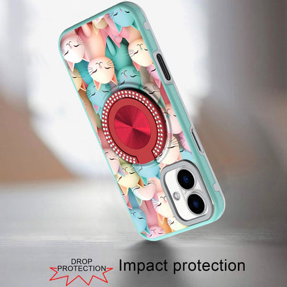 For iPhone 16 (6.1") Pattern Design Hybrid with Invisible Ring Stand & Magnetic Back, Shockproof Protective Grip Case Cover