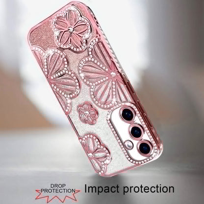 For Samsung Galaxy A16 5G Luxury Flower Design Sparkle Glitter Diamond Rhinestone Shimmer Bling Plating Thick TPU Hard PC Case Cover Gold