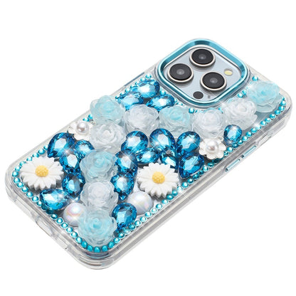 Phone Case for Apple iPhone 13 Pro Max Full Bling Rhinestone Glitter Floral Luxury Hybrid Shockproof Stylish Sparkling Protective Designer Ornament Cover Blue