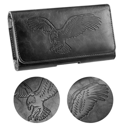 For Apple iPhone 16 Pro (6.3") Universal Horizontal Leather Phone Case with Embossed American Eagle Pouch Belt Clip Holster & Magnetic Pouch [Black]