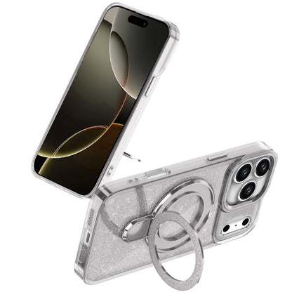 For Apple iPhone 17 Pro (6.3") Transparent Glitter Bling Case with Rotating Magnetic Ring Stand, Shockproof Hybrid Case Cover