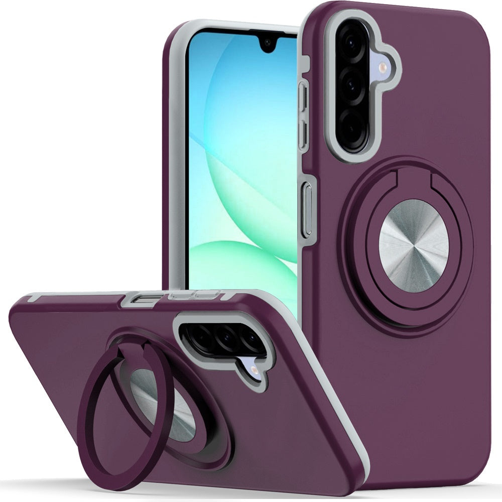Phone Case for Samsung Galaxy A17 5G Shockproof Magnetic Ring Stand Rotating CarMount Hybrid Metal Matte Finish AntiSlip Grip Kickstand Cover Purple