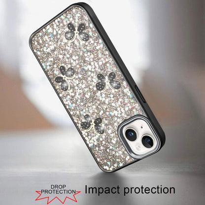 For iPhone 15 (6.1") Cute Butterfly Crystal Diamond Glitter Case Sparkle Bling Frame Metallic Edges, Shimmer TPU Hybrid Case Cover