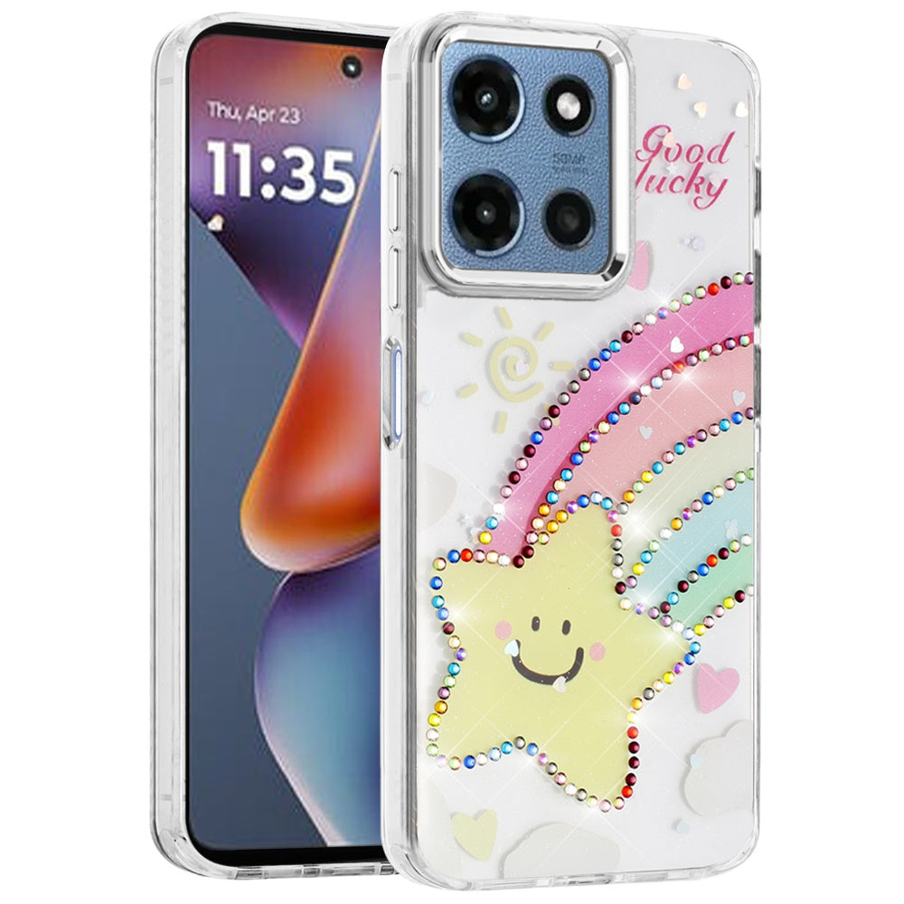 For Motorola Moto G Play 5G 2026 Butterfly Resin Epoxy Diamond Design Metal Edged Hybrid Shockproof Heavy Duty Drop Protection Case Cover