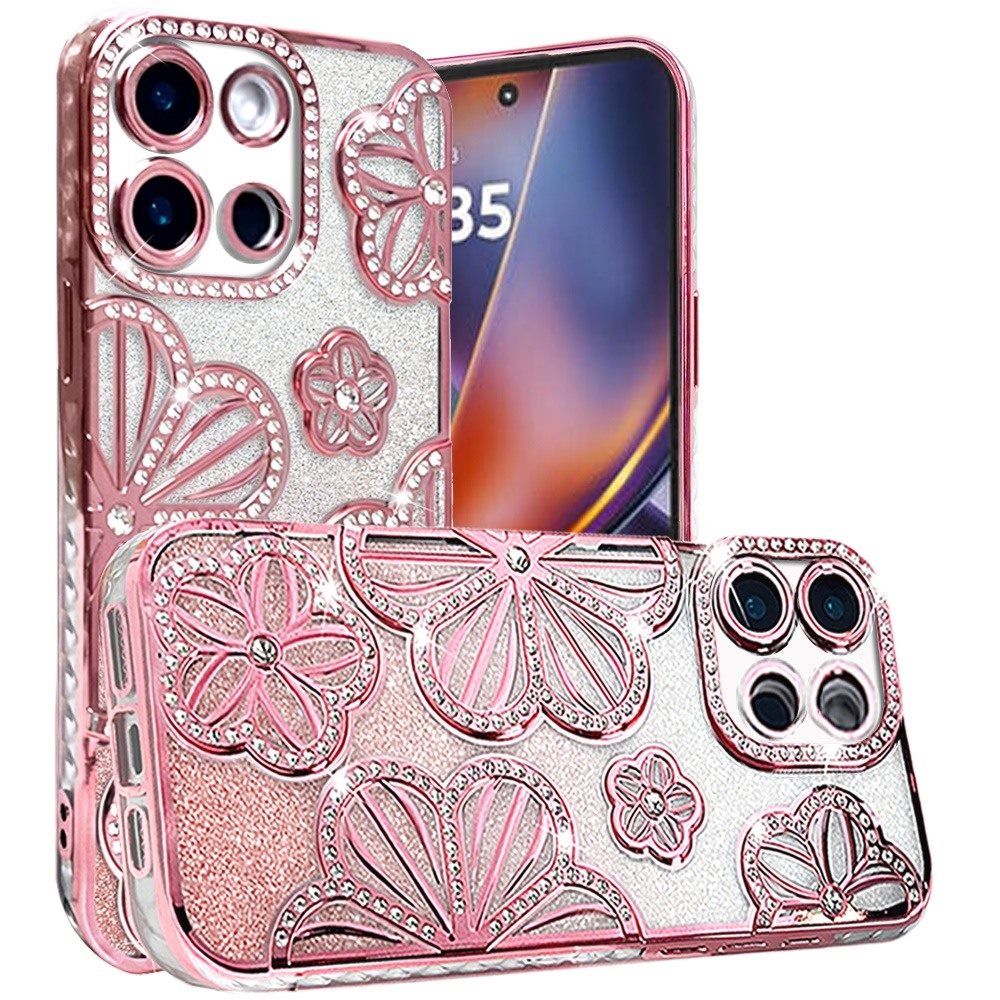 For Motorola Edge 2025 Luxury Flower Design Sparkle Glitter Diamond Rhinestone Shimmer Bling Plating Thick TPU Hard PC Case Cover