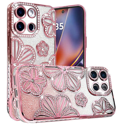 For Motorola Moto G Power 5G (2025) Luxury Flower Design Sparkle Glitter Diamond Rhinestone Shimmer Bling Plating Thick TPU Hard PC Case Cover