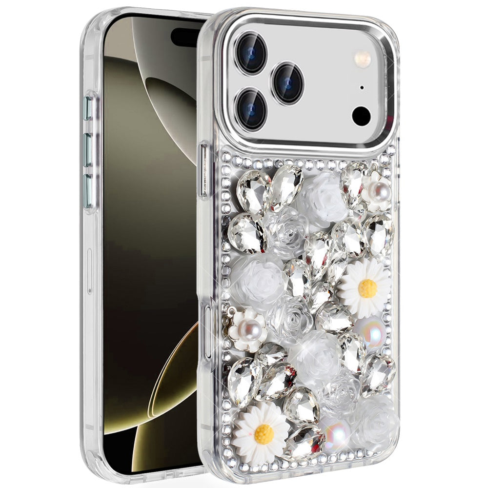 For Apple iPhone 17 Pro (6.3") Fashion Daisy Floral Series, Full 3D Bling Crystal Diamonds Sparkling Rhinestone Glitter Hybrid Design Case Cover