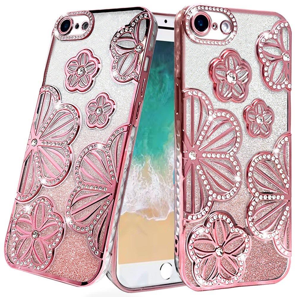 For Samsung Galaxy A26 Luxury Flower Design Sparkle Glitter Diamond Rhinestone Shimmer Bling Plating Thick TPU Hard PC Case Cover Flower Rose Gold