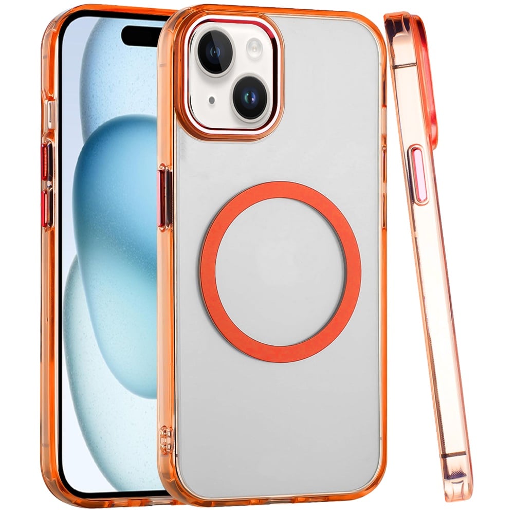 For iPhone 15 Plus (6.7") Transparent Back Hybrid Case - Magnetic Circle, Color Frame, Metal Buttons, MagSafe Compatible Case Cover Black