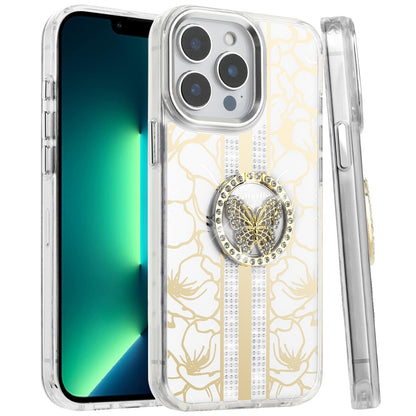 For Apple iPhone 15 Pro Max Diamonds 3D Butterfly Floral Design Bling Sparkly Glitter Hybrid Metal Fashion with Ring Stand Case Cover