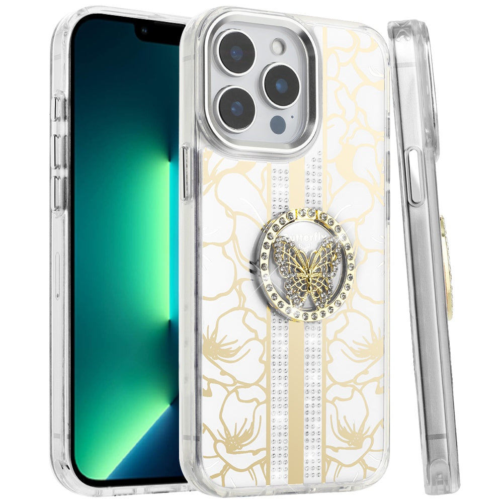 For Apple iPhone 13 Pro Max Floral Design Embedded Glass Diamond Fancy Fashion Glitter Bling Sparkly Hybrid Rugged TPU Bumper Case Cover