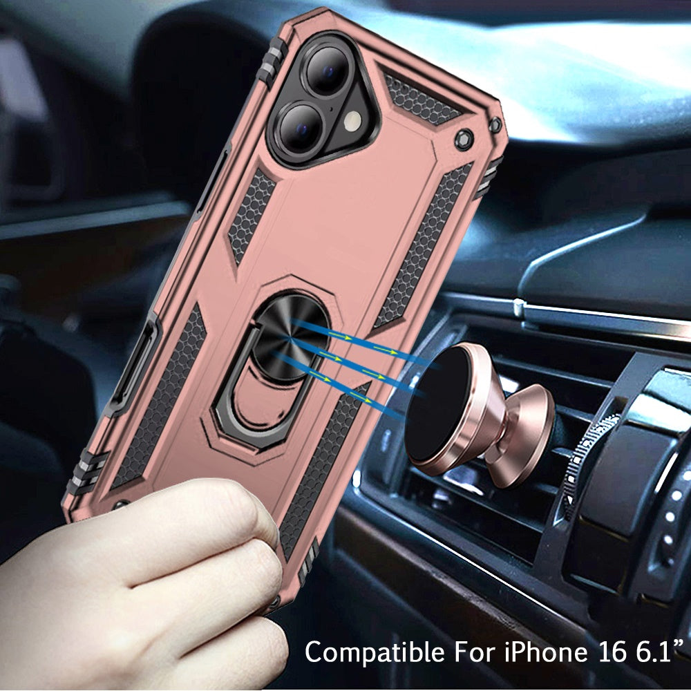 For iPhone 16 (6.1") Hybrid Shockproof Durable 360 Degree Rotatable Ring Stand Holder Kickstand Fit Magnetic Car Mount Case Cover Silver