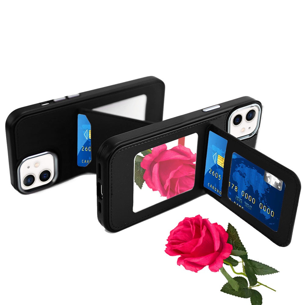 For Apple iPhone 14 Pro Max PU Leather Wallet Cover with Credit Card Holder, Kickstand & Mirror Inside Slim Fit TPU & PC Hybrid Design Case Cover