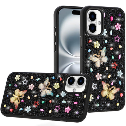 Phone Case for Apple iPhone 16 3D Butterfly Diamond Bling Glitter Shockproof Stylish Protective Luxury Hybrid Sparkly Durable Grip Design Cover Black