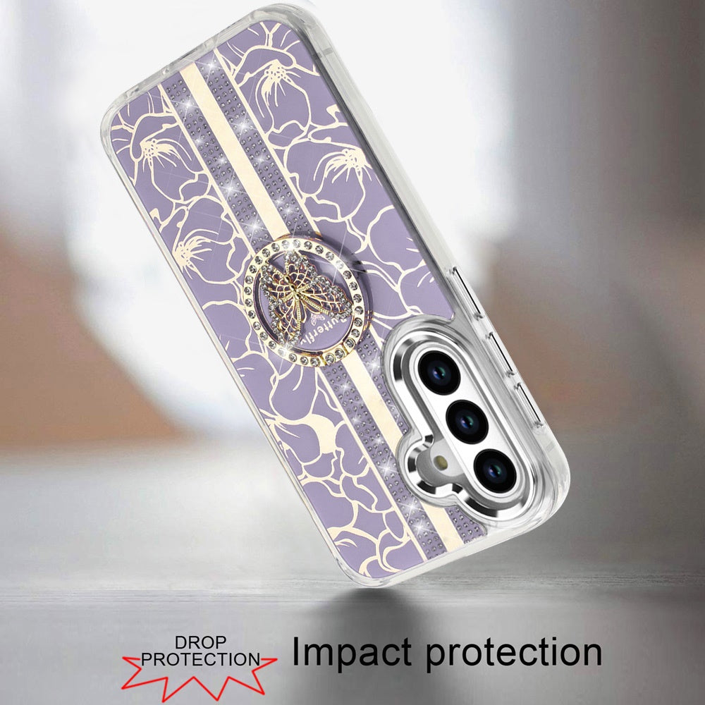 Phone Case for Samsung Galaxy S25 FE Fan Edition Floral Butterfly Ring Stand Glitter Bling Shockproof Hybrid Luxury Fashion Protective Anti Slip Durable Grip Cover Purple