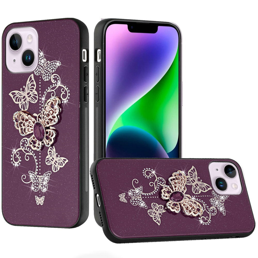 Phone Case for iPhone 14/13 Diamond Glitter 3D Butterfly Engraved Luxury Bling Hybrid Shockproof Chrome Edge Protective Durable Grip Cover Purple