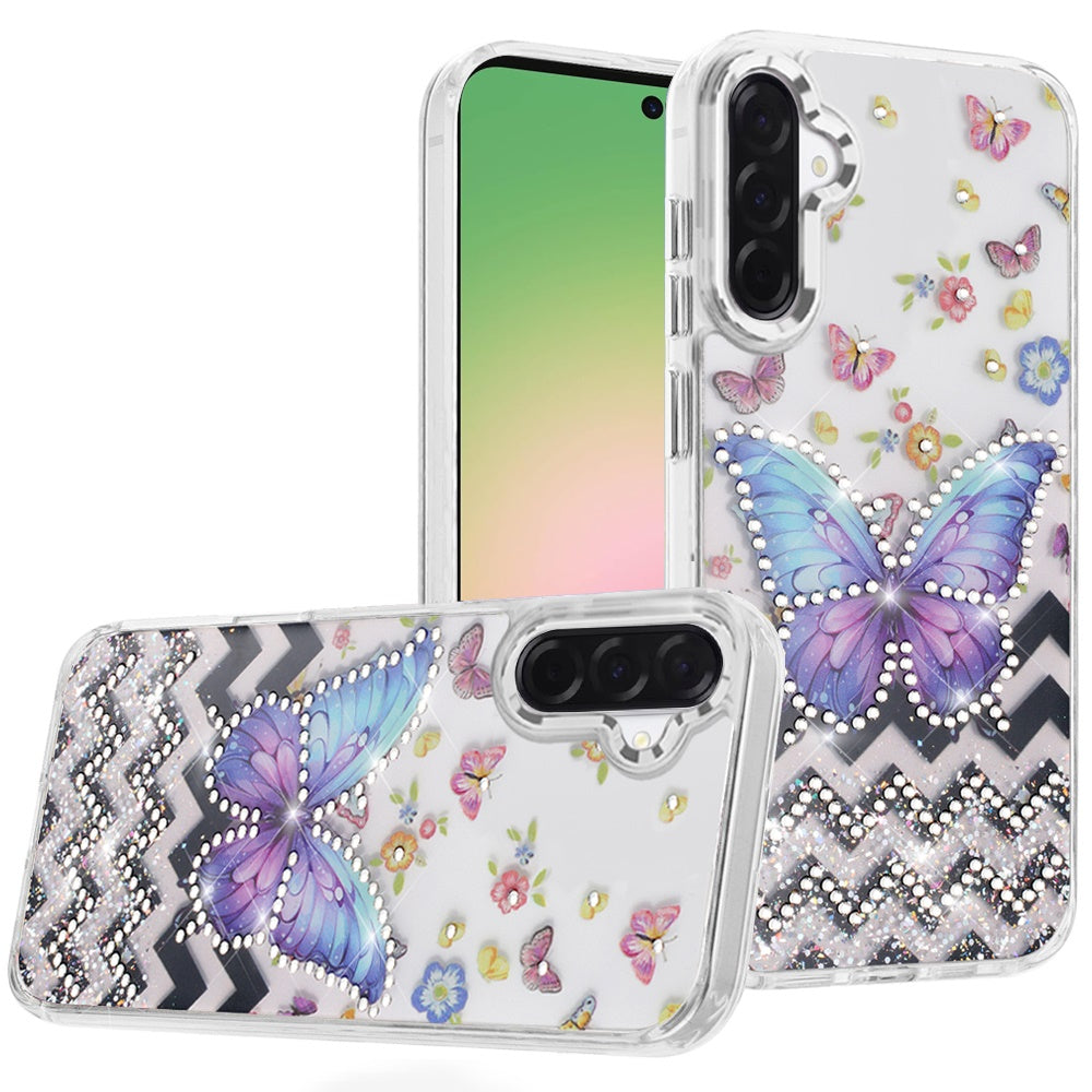 For Samsung Galaxy A57 Butterfly Resin Epoxy Diamond Design Metal Edged Hybrid Shockproof Heavy Duty Drop Protection Case Cover