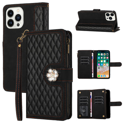 PU Leather Wallet Design Jewel Bling with Credit Card Holder Flip Folio Pouch Zipper Purse Wrist Strap
