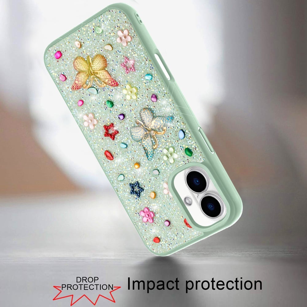 For iPhone 16 (6.1") Diamond Butterfly 3D Glitter Bling Design, Slim Hybrid Sparkle Protective Cover TPU for Women Girls Case Cover White