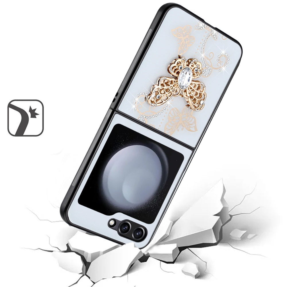 For Samsung Galaxy Z Flip 7 FE Diamonds 3D Butterfly Bling Sparkly Glitter Ornaments Engraving Hybrid Metal Fashion Case Cover White Garden Butterflies