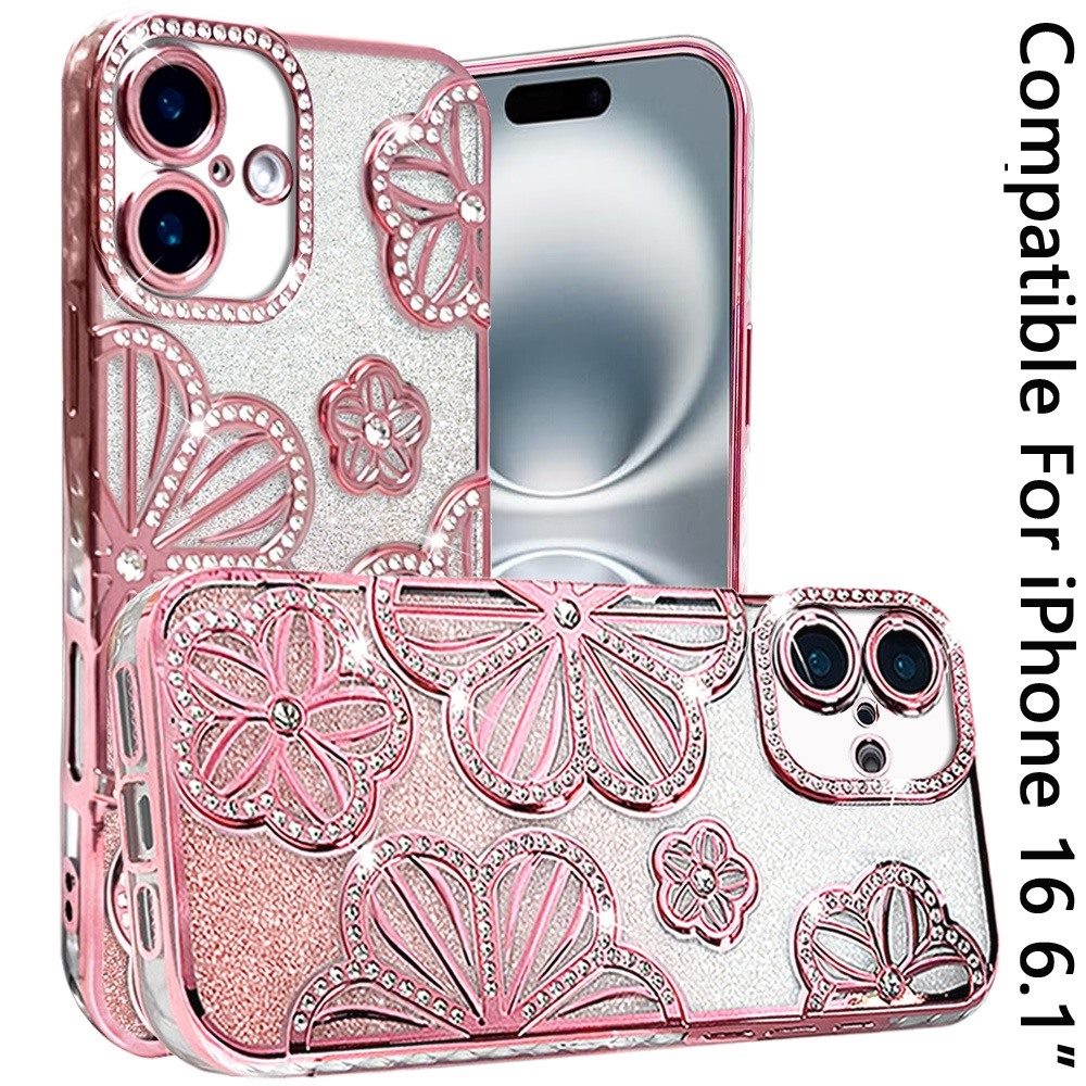 Phone Case for Apple iPhone 16 Shimmer Glitter Floral Thick TPU Shockproof Durable Grip Camera Protection Anti-Scratch Stylish Design Cover Gold