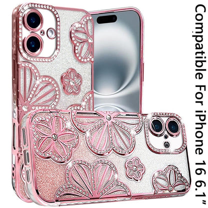 Phone Case for Apple iPhone 16 Shimmer Glitter Floral Thick TPU Shockproof Durable Grip Camera Protection Anti-Scratch Stylish Design Cover Gold