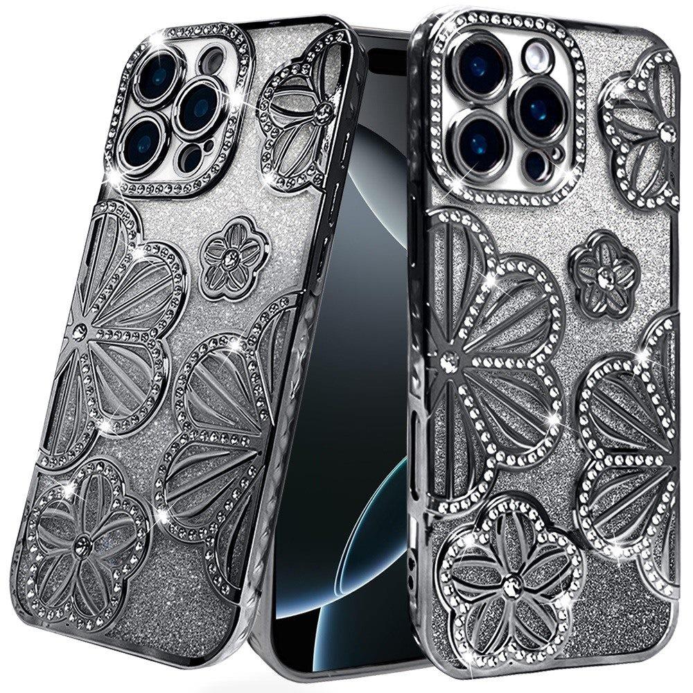 For Apple iPhone 16 Pro Luxury Flower Design Sparkle Glitter Diamond Rhinestone Shimmer Bling Plating Thick TPU Hard PC Case Cover