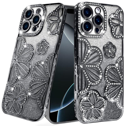 For Apple iPhone 16 Pro Luxury Flower Design Sparkle Glitter Diamond Rhinestone Shimmer Bling Plating Thick TPU Hard PC Case Cover