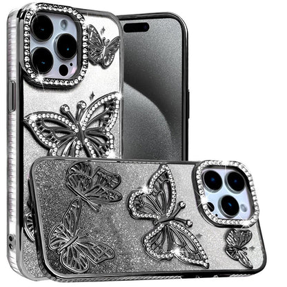 For Apple iPhone 15 Luxury Butterfly Sparkle Glitter Diamond Crystal Rhinestone Shimmer Bling Plating Thick TPU Hard PC Case Cover