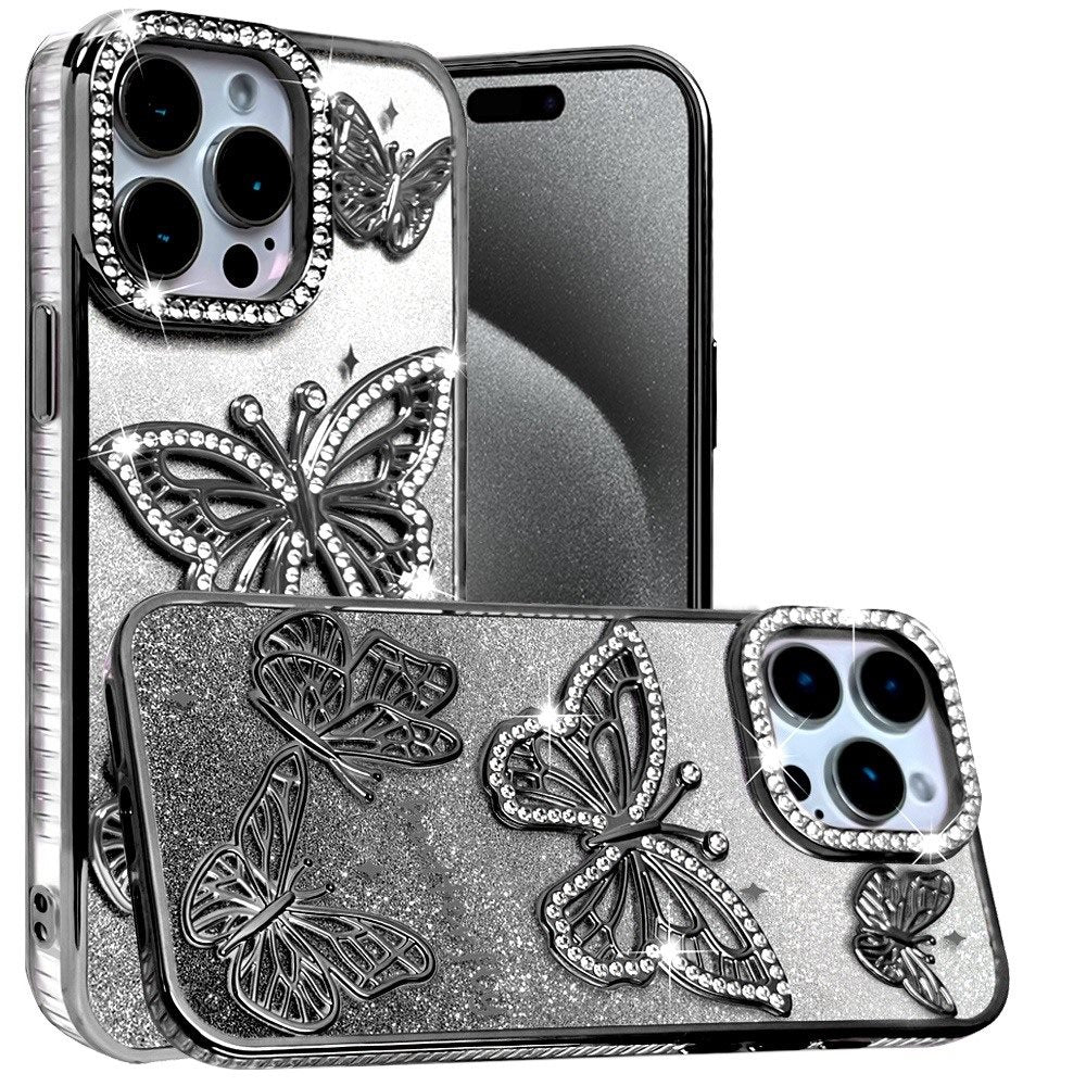 For Apple iPhone 16e Luxury Butterfly Sparkle Glitter Diamond Crystal Rhinestone Shimmer Bling Plating Thick TPU Hard PC Case Cover