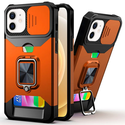 For iPhone 12 / iPhone 12 Pro (6.1") Wallet Case with Ring Stand & Slide Camera Cover Back Credit Card Slot Holder, Military Grade Case Cover Cosmic Orange