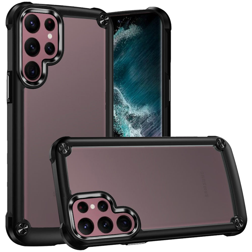 For Samsung Galaxy S21+ Plus Hybrid Transparent Rubber with Metal Buttons & Camera Edges Hard TPU Corner Frame Bumper Case Cover Black