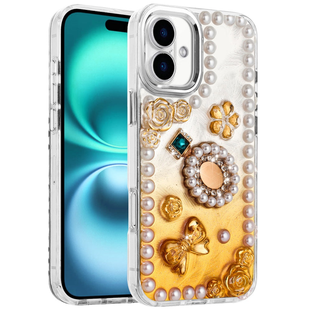 For Apple iPhone 17 (6.3") Bling Fashion Design with 3D Pearls Epoxy Glitter Ornaments Chrome Edge Hard Slim PC Case Cover