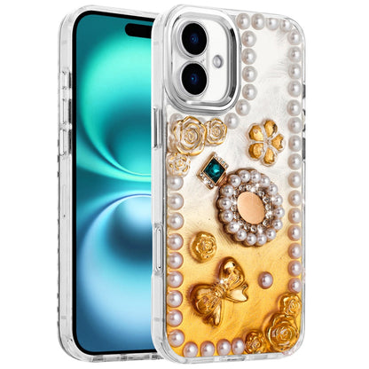 For Apple iPhone 17 (6.3") Bling Fashion Design with 3D Pearls Epoxy Glitter Ornaments Chrome Edge Hard Slim PC Case Cover