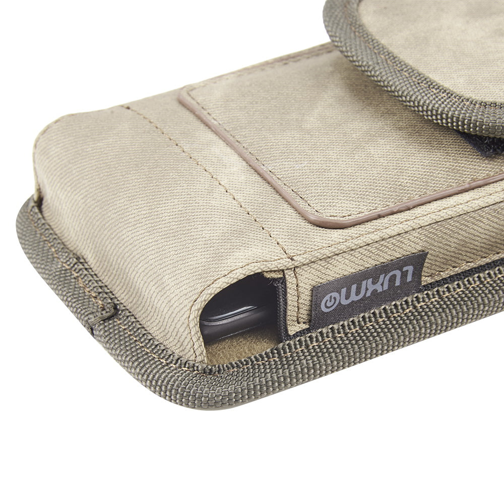 For Apple iPhone 16 Plus (6.7") Universal Vertical Fabric Case Holster with 2 Card Slots, Pen Holder, Belt Clip Loop & Hook Carrying Phone Pouch [Brown]
