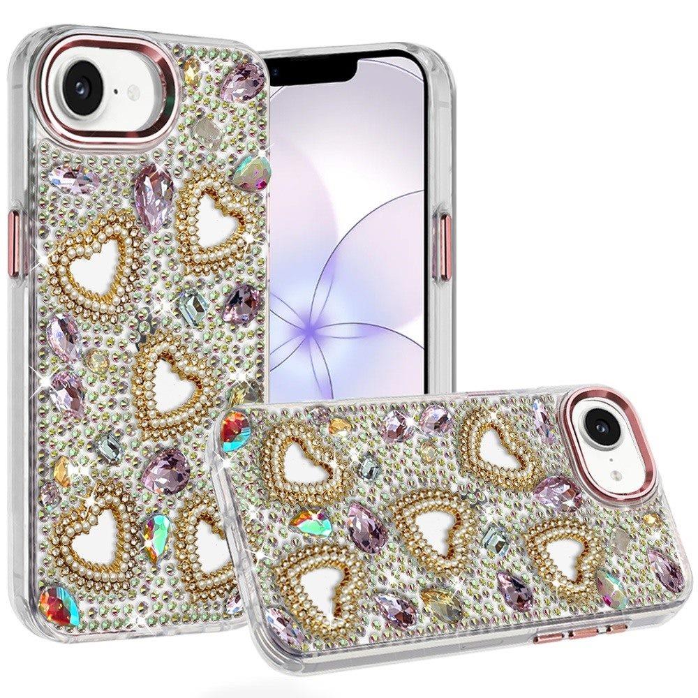Phone Case for Apple iPhone 16 E (6.1") Luxury Crystal Heart Rhinestone Diamond Bling Shockproof Hybrid Glitter Protective Stylish Durable Grip Cover