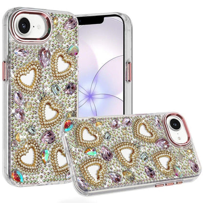 Phone Case for Apple iPhone 16 E (6.1") Luxury Crystal Heart Rhinestone Diamond Bling Shockproof Hybrid Glitter Protective Stylish Durable Grip Cover