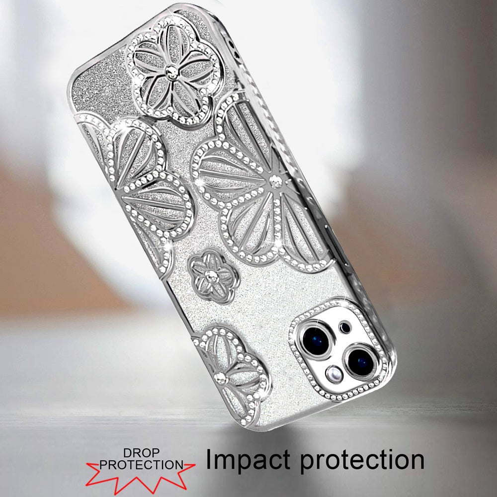 For Apple iPhone 15 Luxury Flower Design Sparkle Glitter Diamond Rhinestone Shimmer Bling Plating Thick TPU Hard PC Case Cover