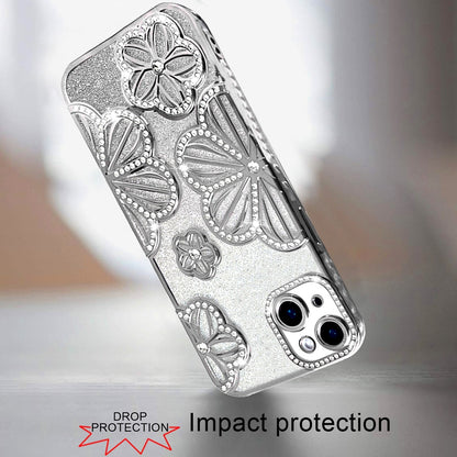For Apple iPhone 15 Luxury Flower Design Sparkle Glitter Diamond Rhinestone Shimmer Bling Plating Thick TPU Hard PC Case Cover