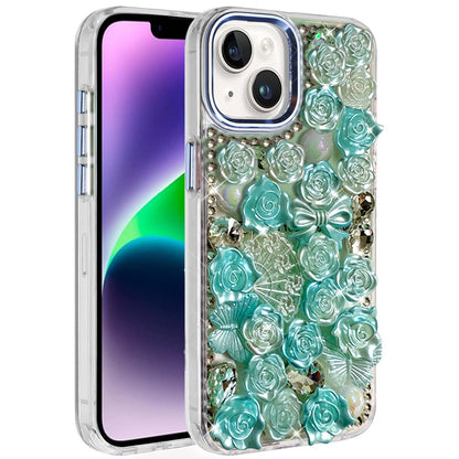 Phone Case for Apple iPhone 14/13 3D Flower Bling Rhinestone Glitter Cute Stylish Shockproof Protective Decorative Luxury Grip Stones Ornaments Cover Blue