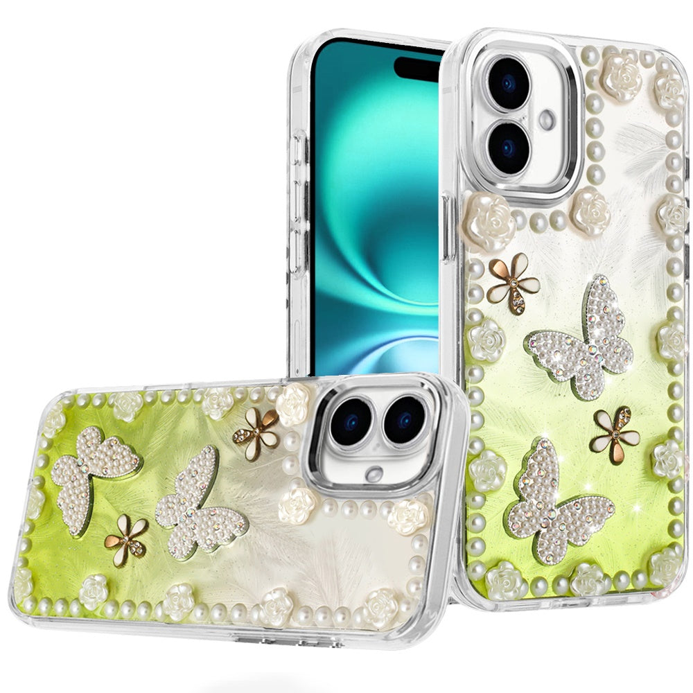 For Apple iPhone 17 (6.3") Bling Fashion Design with 3D Pearls Epoxy Glitter Ornaments Chrome Edge Hard Slim PC Case Cover