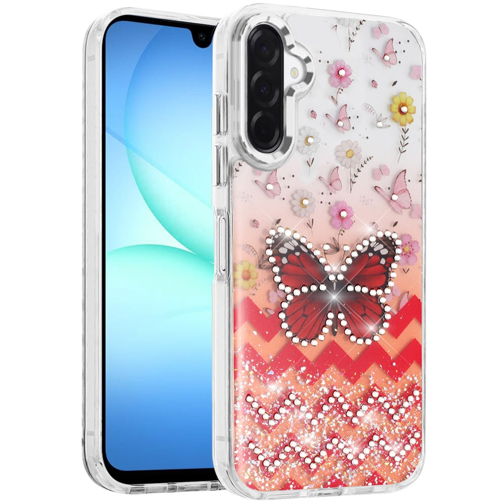 For Samsung Galaxy A17 5G Butterfly Resin Epoxy Diamond Design Metal Edged Hybrid Shockproof Heavy Duty Drop Protection Case Cover