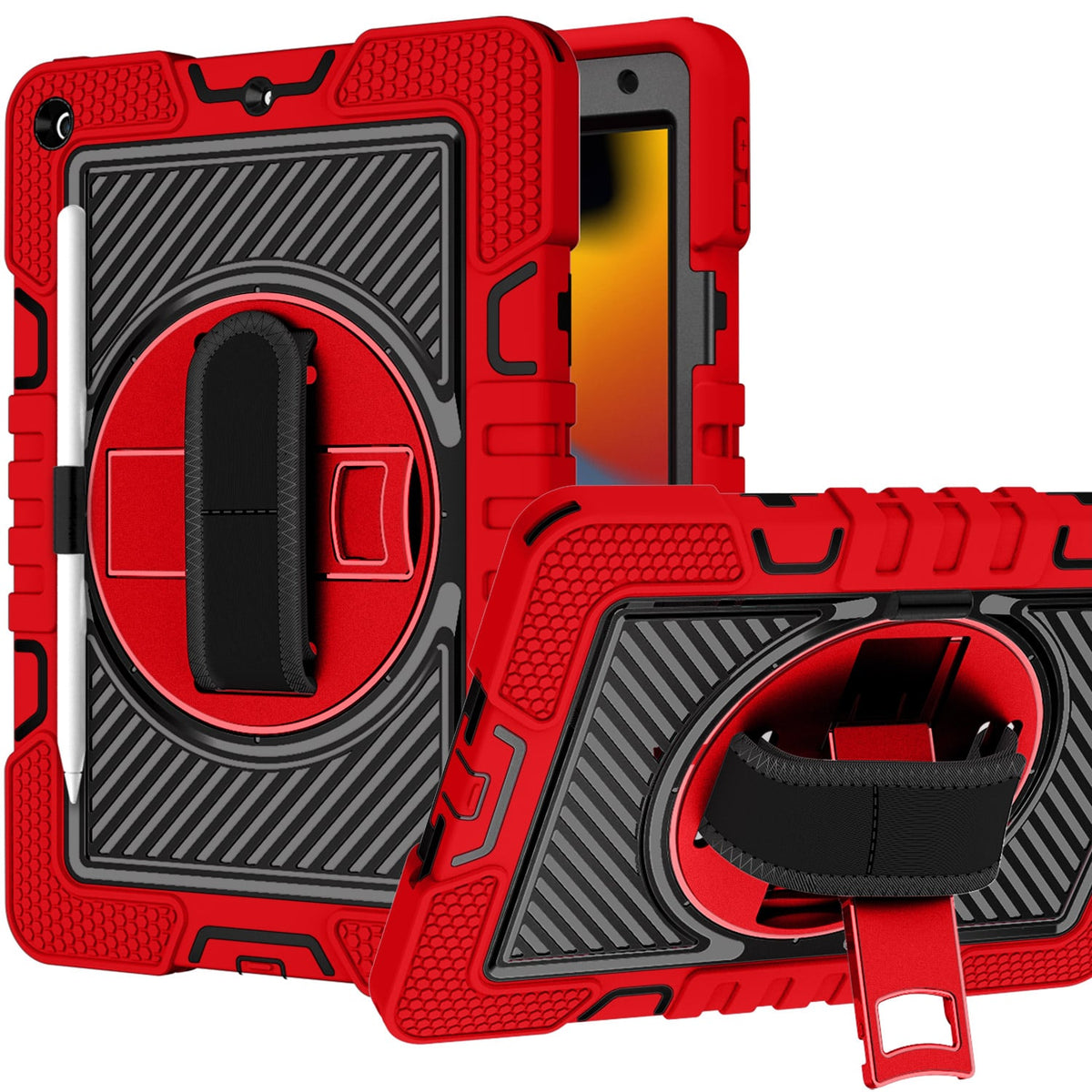 Tablet Case for Apple iPad 9th 8th 7th Gen (10.2 inch) Multi Functional 3in1 Kickstand Hand Strap Shoulder Strap Pencil Holder Heavy Duty Shock Absorbing Rugged TPU Cover Red