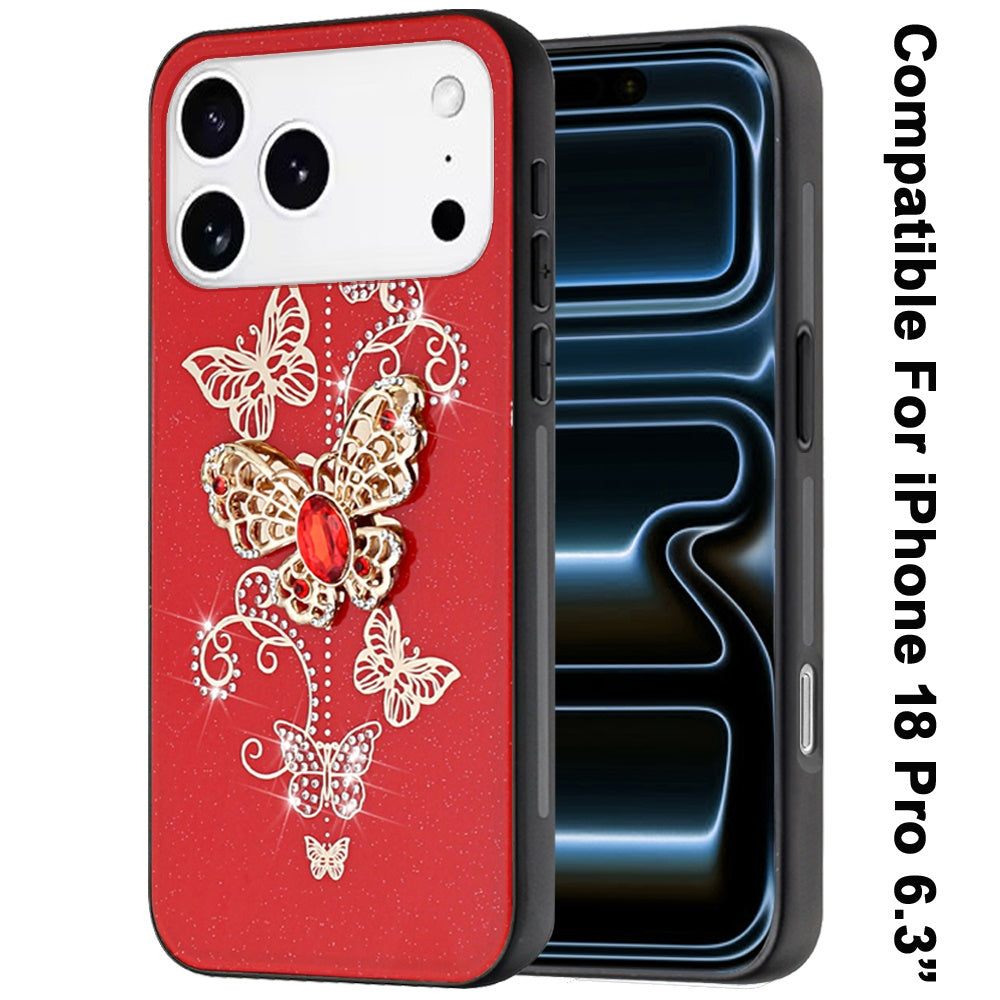 Phone Case for Apple iPhone 18 Pro Diamond 3D Fashion Floral Glitter Engraved Luxury Bling Hybrid Shockproof Chrome Edge Protective Grip Cover