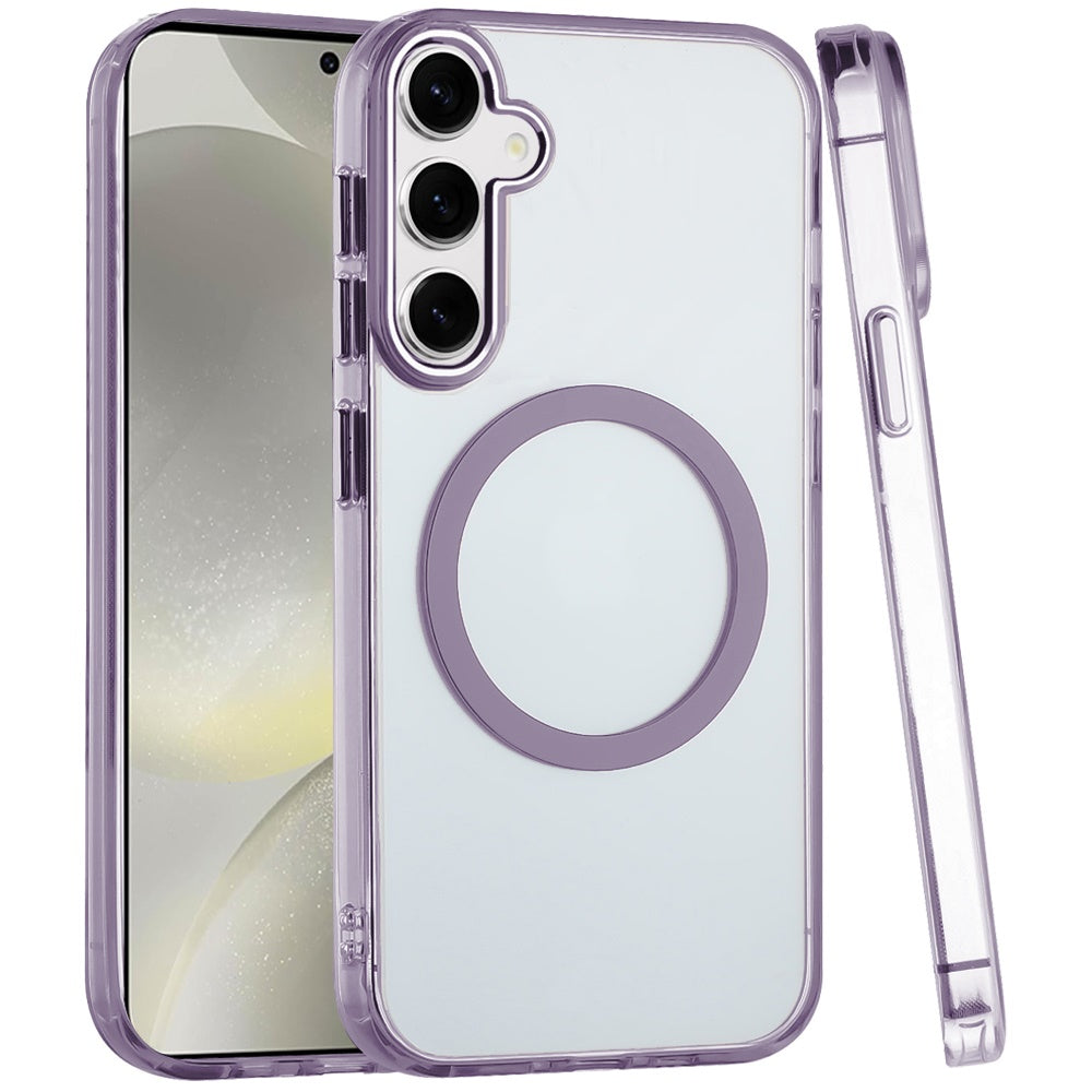 For Samsung Galaxy S24+ Plus Transparent Back Hybrid Case - Magnetic Circle, Color Frame, Metal Buttons, MagSafe Compatible Case Cover