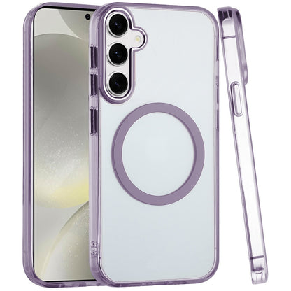 For Samsung Galaxy S24+ Plus Transparent Back Hybrid Case - Magnetic Circle, Color Frame, Metal Buttons, MagSafe Compatible Case Cover