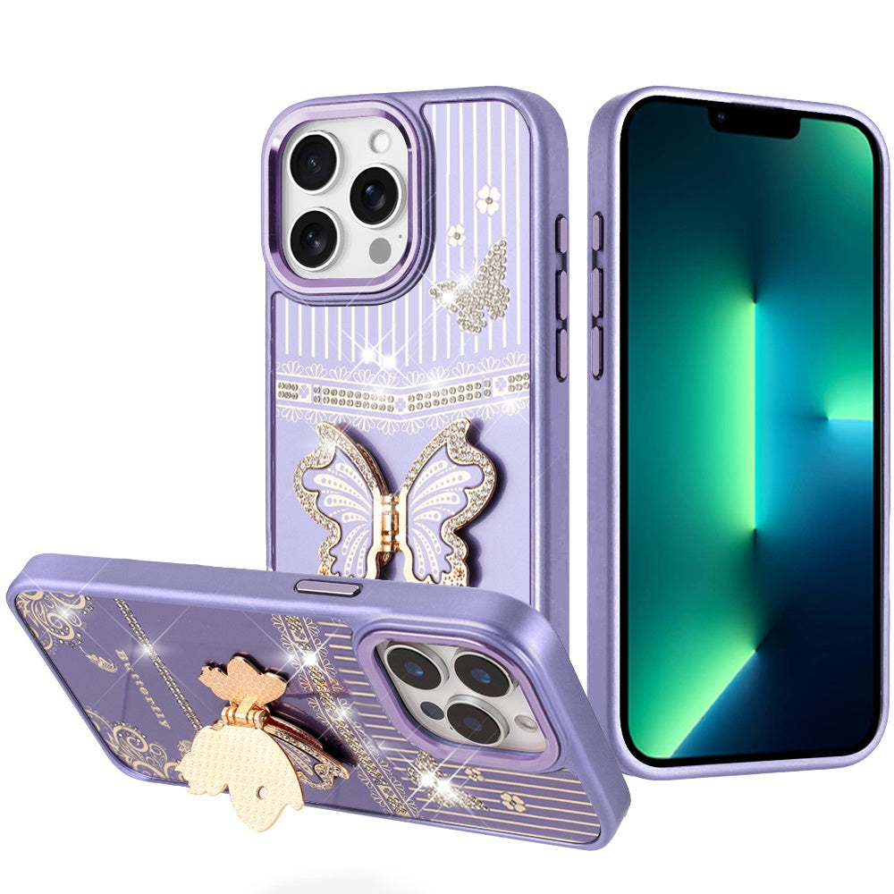For Apple iPhone 13 Pro Max Glitter 3D Butterfly Design Bling Metallic Edge Hybrid Stand Drop Protection TPU Shockproof Case Cover Dark Purple
