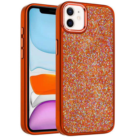 Phone Case for Apple iPhone 11 Crystal Glass Bling Diamond Metallic Edge Shockproof Durable Protective Clear Hybrid Stylish Premium Design Cover Cosmic Orange