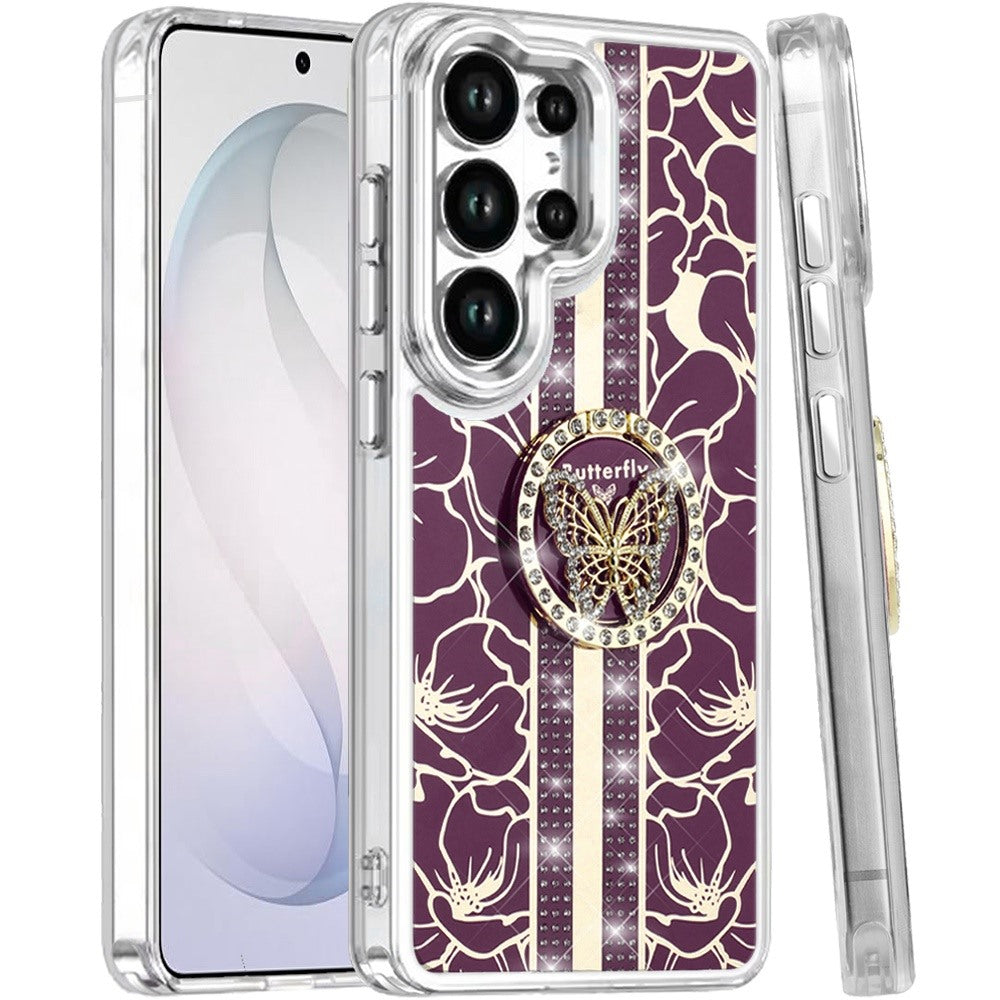 Phone Case for Samsung Galaxy S26 Ultra Floral Butterfly Ring Stand Glitter Bling Shockproof Hybrid Luxury Fashion Protective Anti Slip Durable Grip Cover Purple