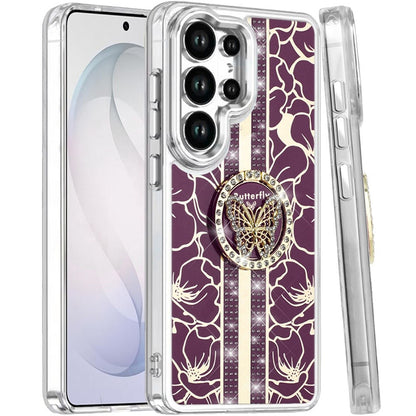 Phone Case for Samsung Galaxy S26 Ultra Floral Butterfly Ring Stand Glitter Bling Shockproof Hybrid Luxury Fashion Protective Anti Slip Durable Grip Cover Purple